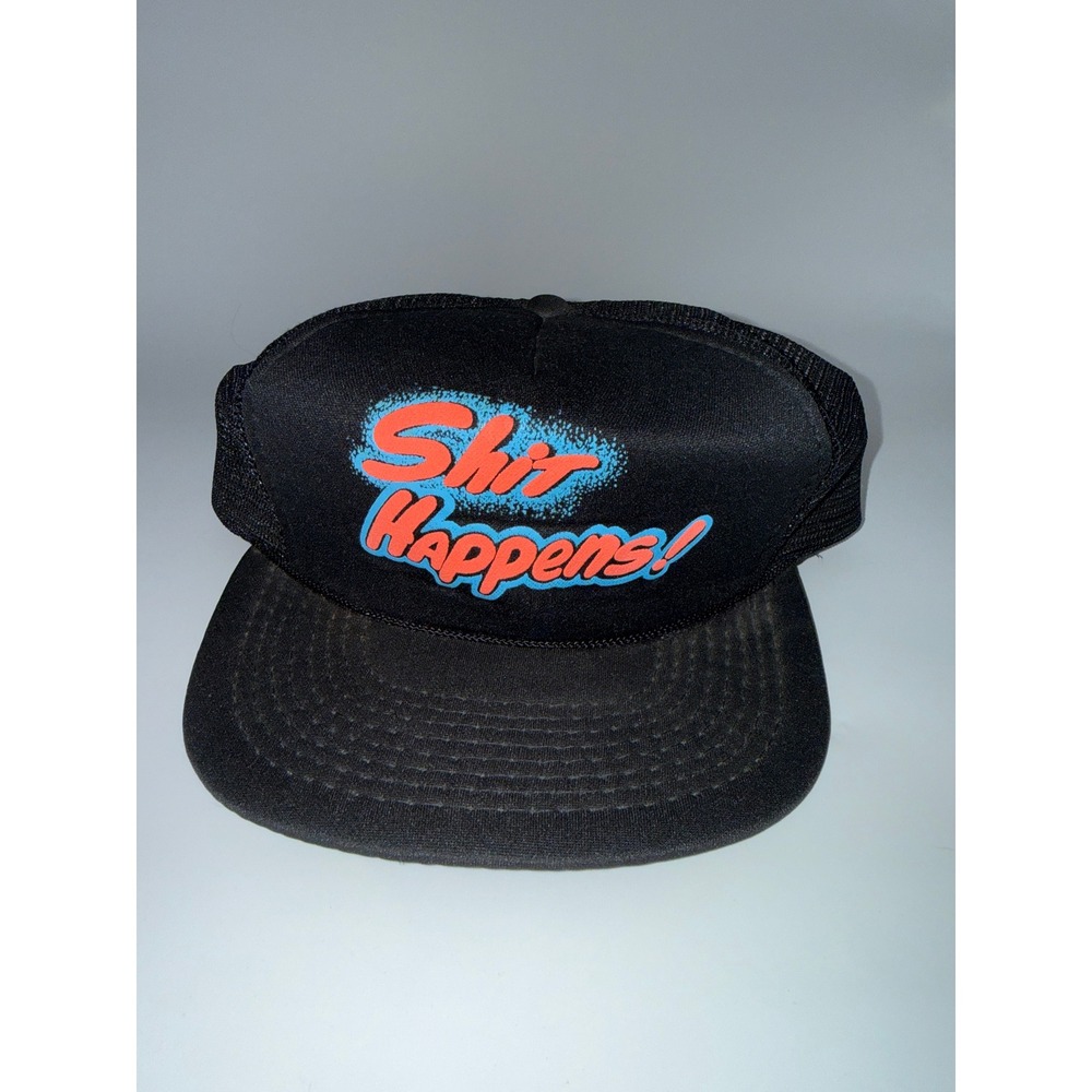 Vintage Designer Pro Shit Happens Trucker Hat Black Mesh Snapback Cap Humor